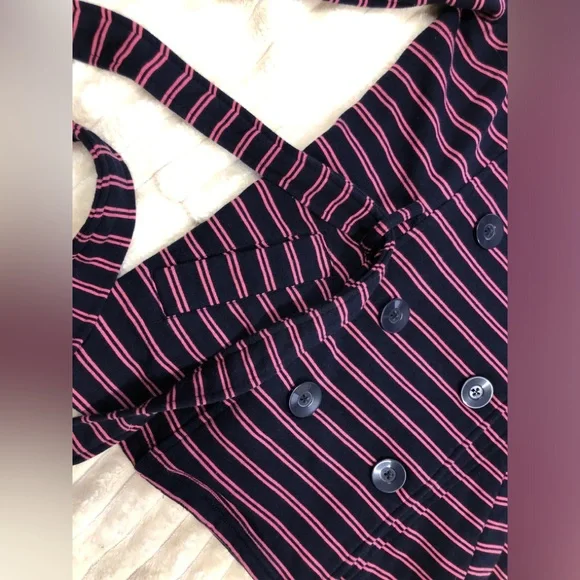 Merona EUC Navy & Pink Striped Double Breasted Knit Jacket w/Tie Belt Large - Picture 7 of 14